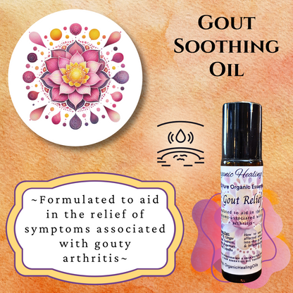 Gout Soothing Oil 10ml roller with natural oils including Lemongrass, Wintergreen, and Rosemary.