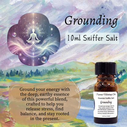 Grounding Sniffer Salts, 10ml bottle, enhances presence and stability with therapeutic grade essential oils.