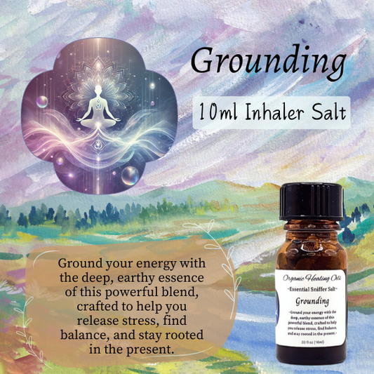 Grounding Aromatherapy Inhaler with Pink Himalayan Salt, 10ml bottle, enhances presence and stability with therapeutic grade essential oils.