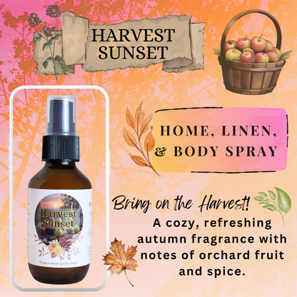 AD for Harvest Sunset Home, Linen, and Body Spray. Bring on the harvest with this cozy, refreshing autumn fragrance with notes of orchard fruit and spice.