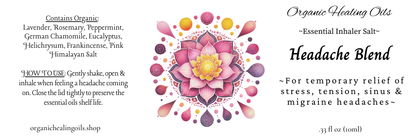 Headache soothing Aromatherapy Inhaler, 10ml, organic therapeutic essential oils for stress relief and headache relief.
