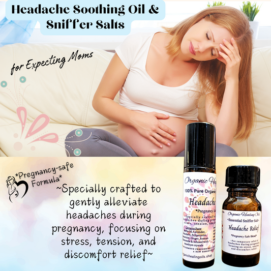 Headache relief products for expectant moms, featuring soothing oil and sniffer salts.