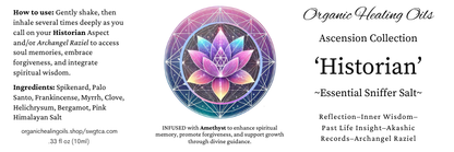 10ml Sniffer Salt bottle labeled "Historian" from the Ascension Collection, featuring spiritual elements like Amethyst and Archangel Raziel for enhanced inner wisdom and past life insights.