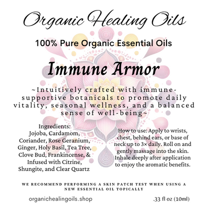 Immune Armor Essential Oil roller and inhaler with 100% pure organic therapeutic oils including Frankincense, Myrrh, Tea Tree, Eucalyptus, Lemon, Clove, Copaiba, Jojoba, and Black Seed Oil for immune support and wellness.