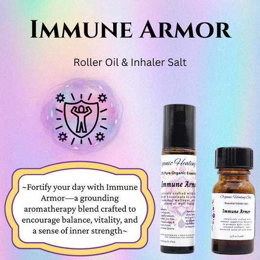 Immune Armor Essential Oil roller and inhaler with frankincense, myrrh, tea tree, eucalyptus, lemon, clove, copaiba, jojoba, and black seed oils for immune support and vitality