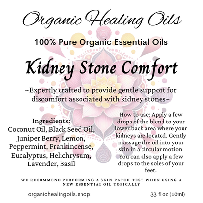 Label for Kidney Stone Comfort Blend by Organic Healing Oils, a 10ml essential oil blend designed to support kidney health and provide relief from kidney stone discomfort.