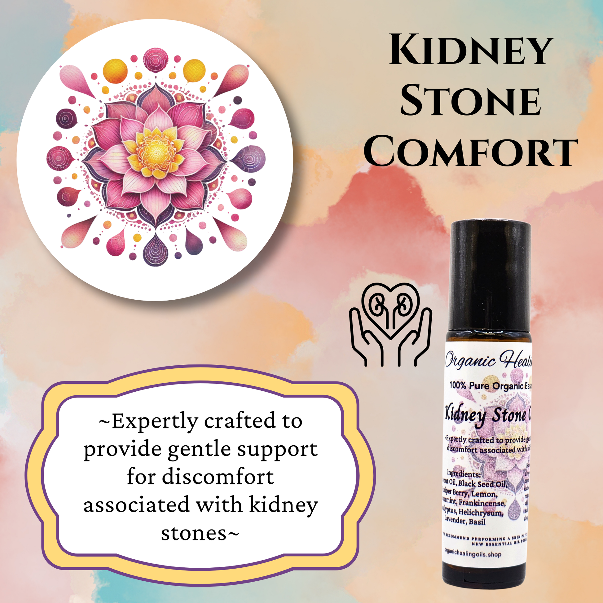 AD for Kidney Stone Relief Blend by Organic Healing Oils, a 10ml essential oil blend designed to support kidney health and provide relief from kidney stone discomfort. ~Expertly crafted to provide gentle support for discomfort associated with kidney stones~