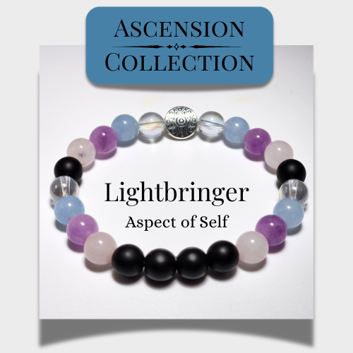 Ascension Bracelet Lightbringer with rose quartz, kunzite, aquamarine, aura aura quartz, and matte obsidian beads.