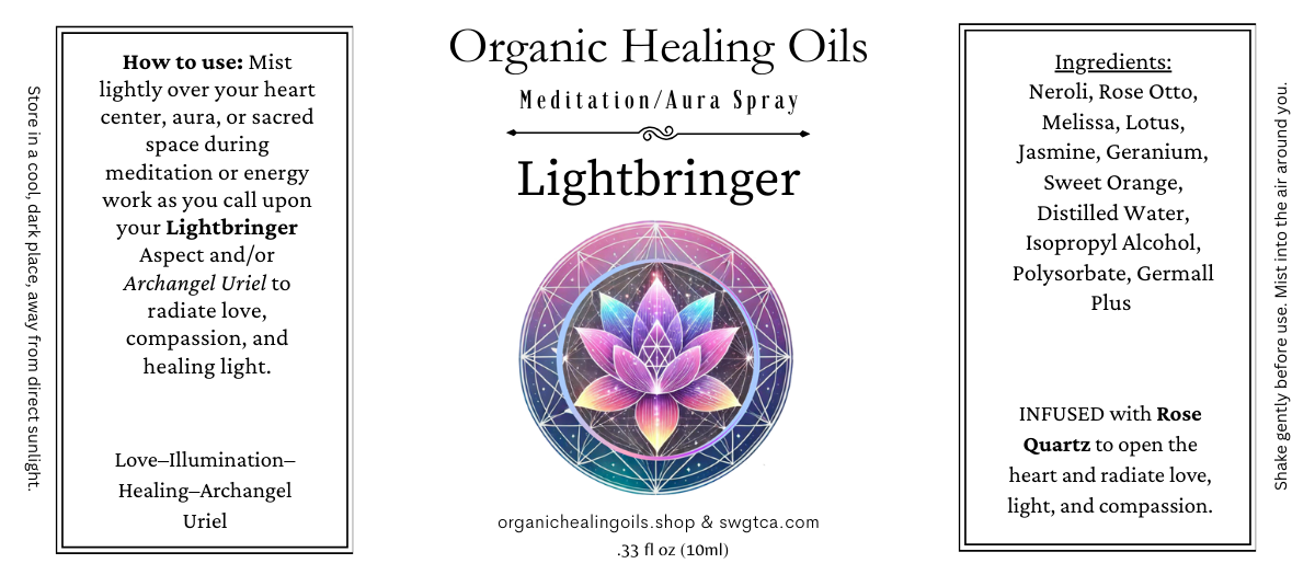 Label of "Lightbringer" meditation aura spray from the Spiritual AscensionCollection, featuring instructions and ingredients for spiritual growth and healing.
