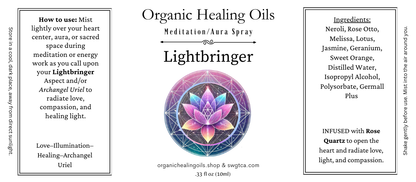 Label of "Lightbringer" meditation aura spray from the Spiritual AscensionCollection, featuring instructions and ingredients for spiritual growth and healing.