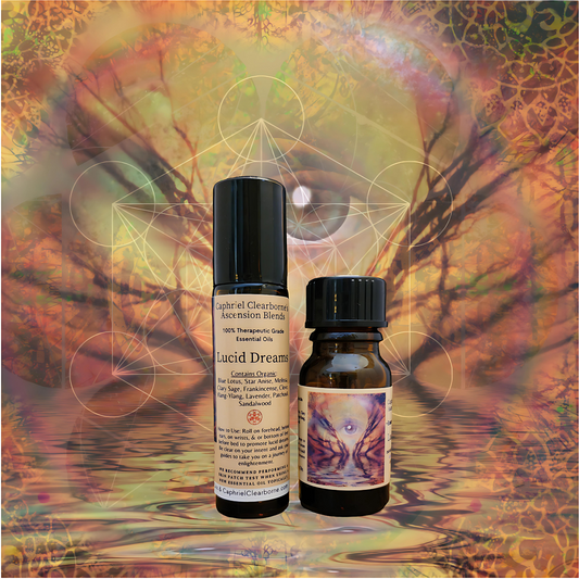 Lucid Dreams Essential Oil 10ml and Sniffer Salts with am image of the Metatron Cube in the background