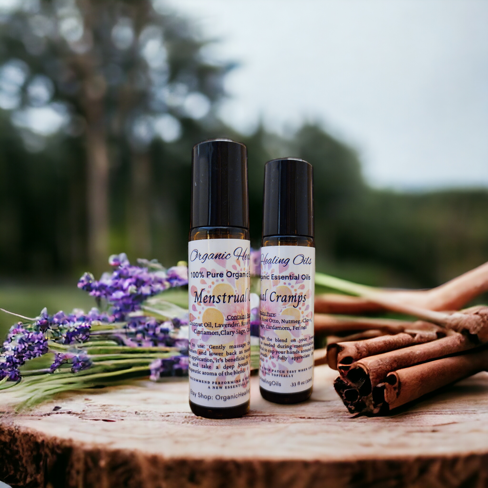 Organic Healing Oils Menstrual Cramps Soothing Roller bottle with natural ingredients on a rustic wooden surface surrounded by lavender and cinnamon sticks, conveying a sense of natural menstrual support.