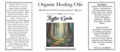 Label featuring A serene forest path with sunbeams filtering through the trees, accompanied by a bottle of Mystic Grove Themed Meditation Spray from Organic Healing Oils