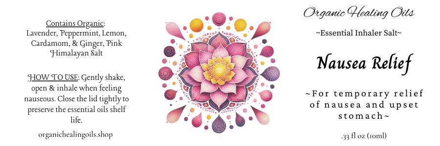 Label for Organic Healing Oils' Essential Inhaler for Nausea Calming , showcasing a vibrant lotus flower amidst watercolor splotches, detailing organic ingredients such as Jojoba Oil, Pink Himalayan Salt, and essential oils like Lavender and Ginger, in a .33 fl oz size. It's infused with Amethyst Crystals, suggested for calming inhalation to ease the mind from worries, stress, or tension, available at OrganicHealingOils.shop.
