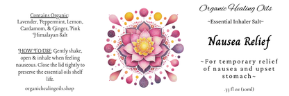 Label for Organic Healing Oils' Essential Inhaler for Nausea Calming , showcasing a vibrant lotus flower amidst watercolor splotches, detailing organic ingredients such as Jojoba Oil, Pink Himalayan Salt, and essential oils like Lavender and Ginger, in a .33 fl oz size. It's infused with Amethyst Crystals, suggested for calming inhalation to ease the mind from worries, stress, or tension, available at OrganicHealingOils.shop.