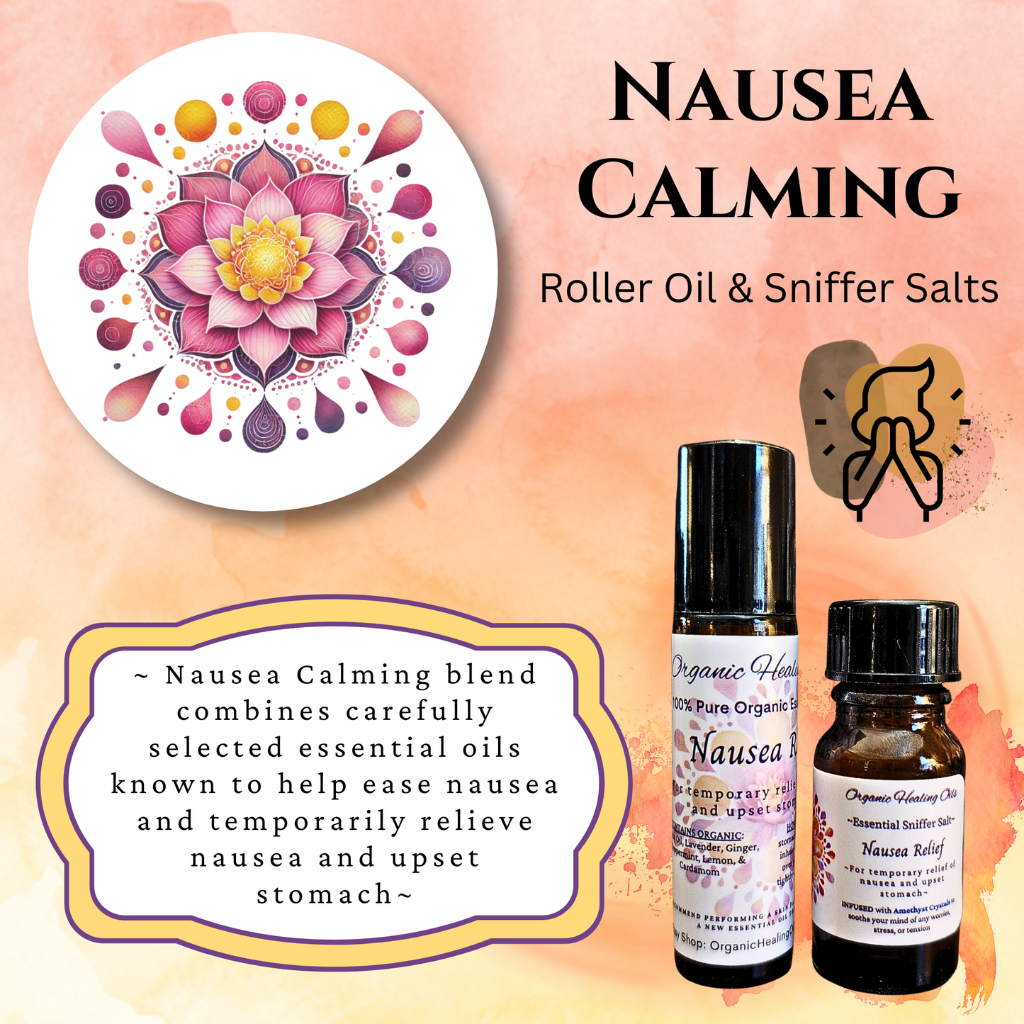 Nausea Calming Oil and Sniffer Salts with Essential Oils for Nausea Relief.