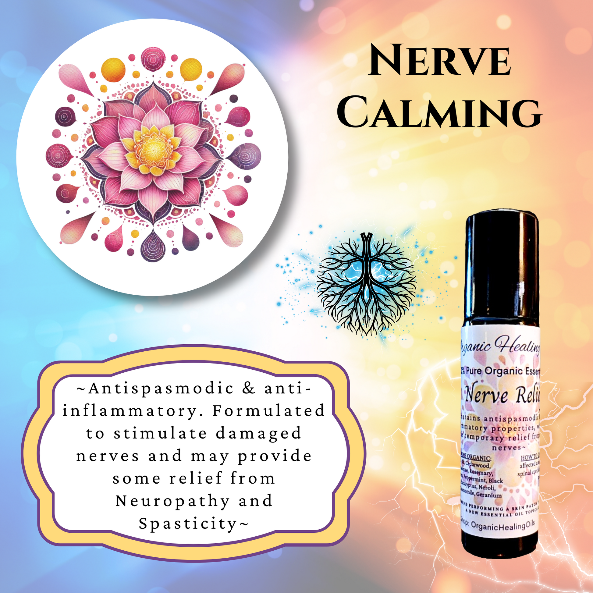 Nerve Calming Essential Oil Blend 10ml Roller with soothing and anti-inflammatory properties for nerve discomfort and spasticity relief.