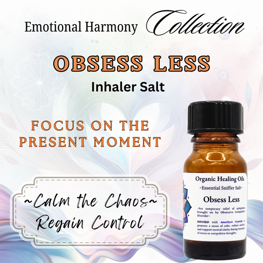 Obsess Less Aromatherapy Inhaler 10ml bottle with organic essential oils, pink Himalayan salt, and amethyst to calm the chaos and regain control.