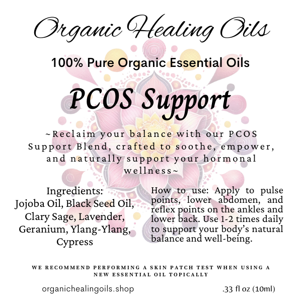 Label for PCOS Support Roller Blend by Organic Healing Oils, a 10ml essential oil blend designed to support hormonal balance, reduce bloating, and alleviate discomfort associated with PCOS.