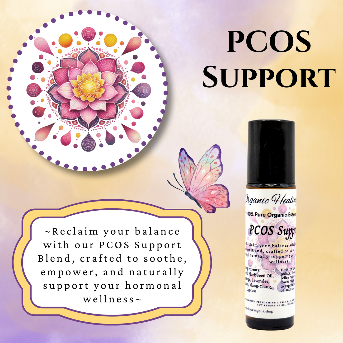 Image of PCOS Support Roller Blend  AD by Organic Healing Oils, a 10ml essential oil blend designed to support hormonal balance, reduce bloating, and alleviate discomfort associated with PCOS.