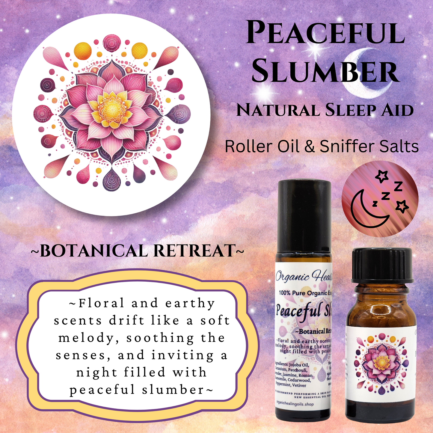 Peaceful Slumber sleep aid with 10ml roller and sniffer salts, featuring floral and earthy scents for a restful night.