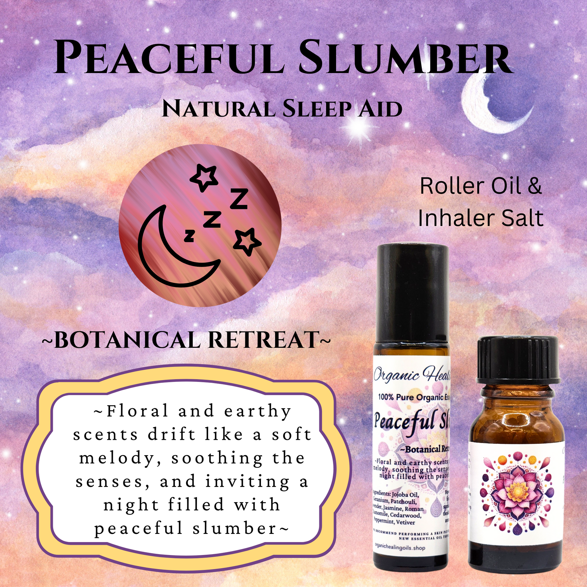 Peaceful Slumber natural sleep aid products with roller oil and inhaler salt on a celestial background. Botanical Retreat Scent.