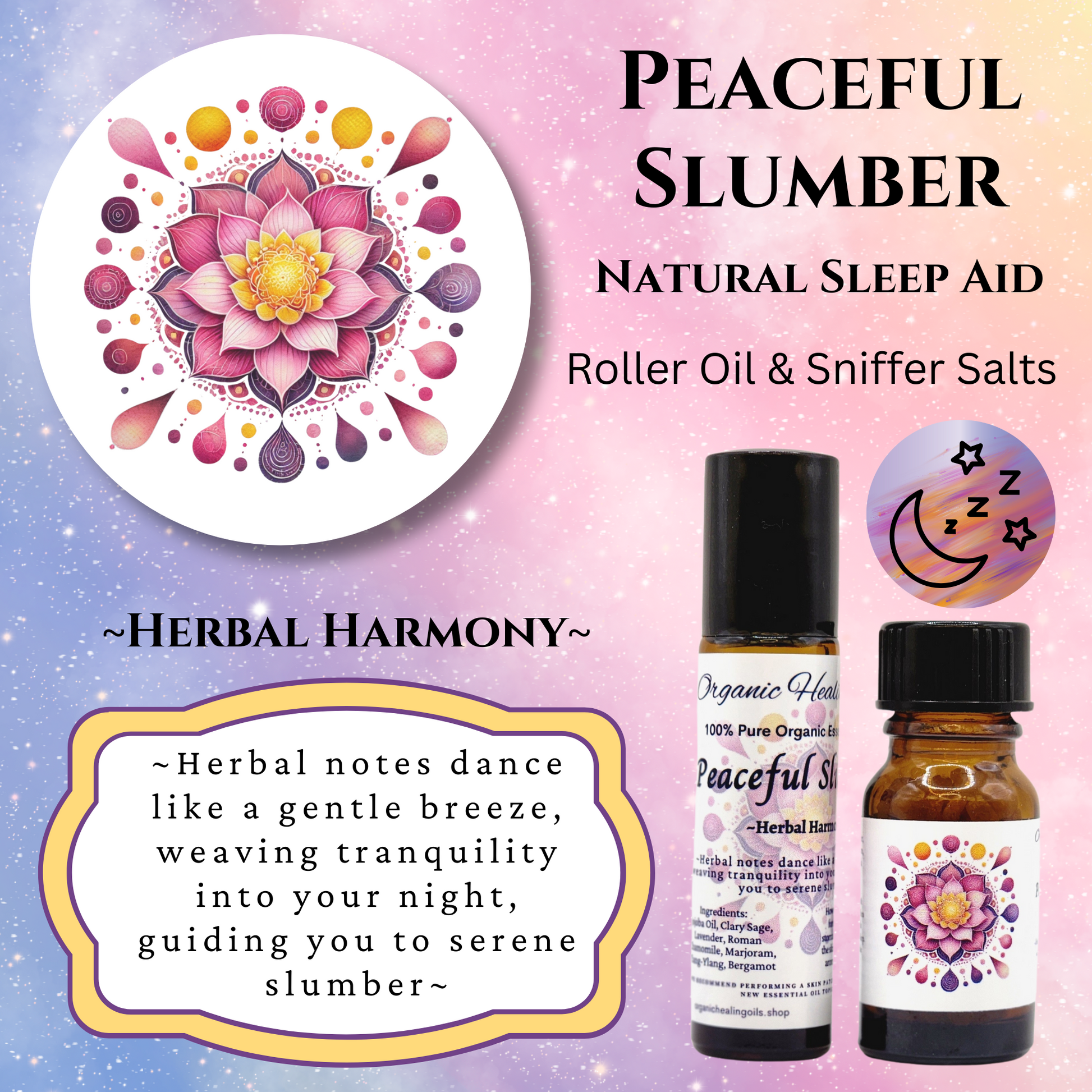 Natural sleep aid with herbal harmony; roller and sniffer salts for restful nights; essential oils.