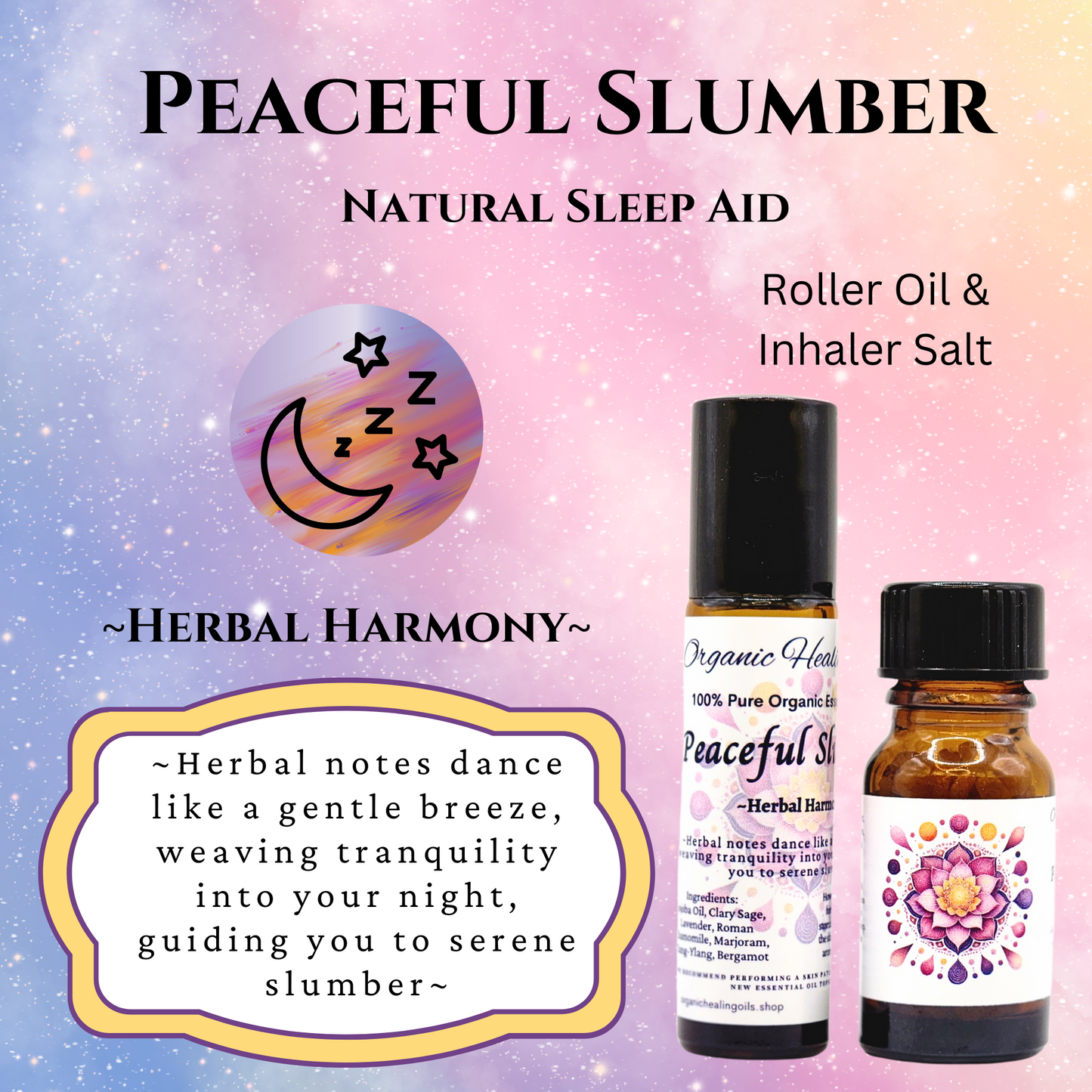 Peaceful Slumber essential oils in roller and Aromatherapy Inhaler Salts Herbal Harmony AD.  Natural sleep aid with herbal harmony, roller and sniffer salts for restful nights essential oils. 