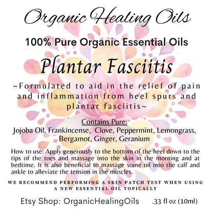 Label of Organic Healing Oils' Plantar Fasciitis blend with a soft watercolor backdrop, detailing organic oils like Jojoba and Frankincense for foot application.