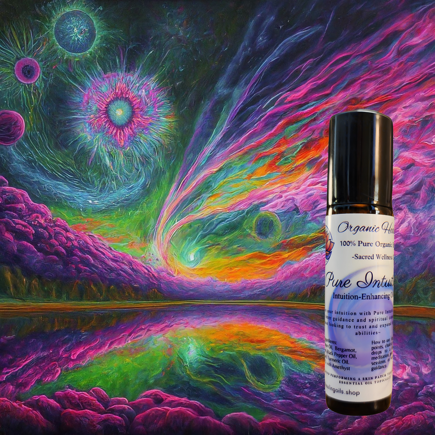 Mystical landscape featuring Pure Intuition Blend, designed to enhance your intuition with vibrant celestial visuals.