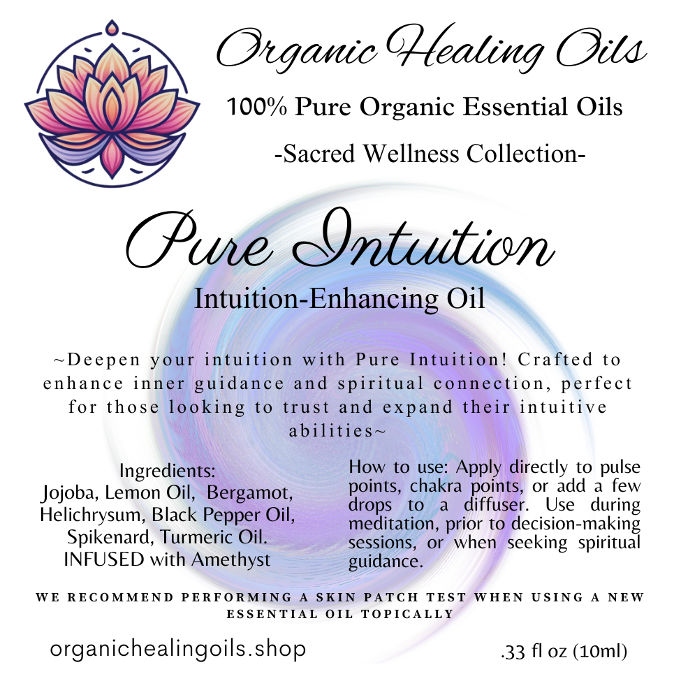 Label of Pure Intuition Blend detailing essential oils and Amethyst infusion, crafted to enhance your intuition.