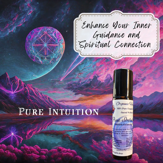 AD for Pure Intuition Enhancing Oil by Organic Healing Oils. Mystical landscape featuring Pure Intuition Blend, designed to enhance your intuition with vibrant celestial visuals.