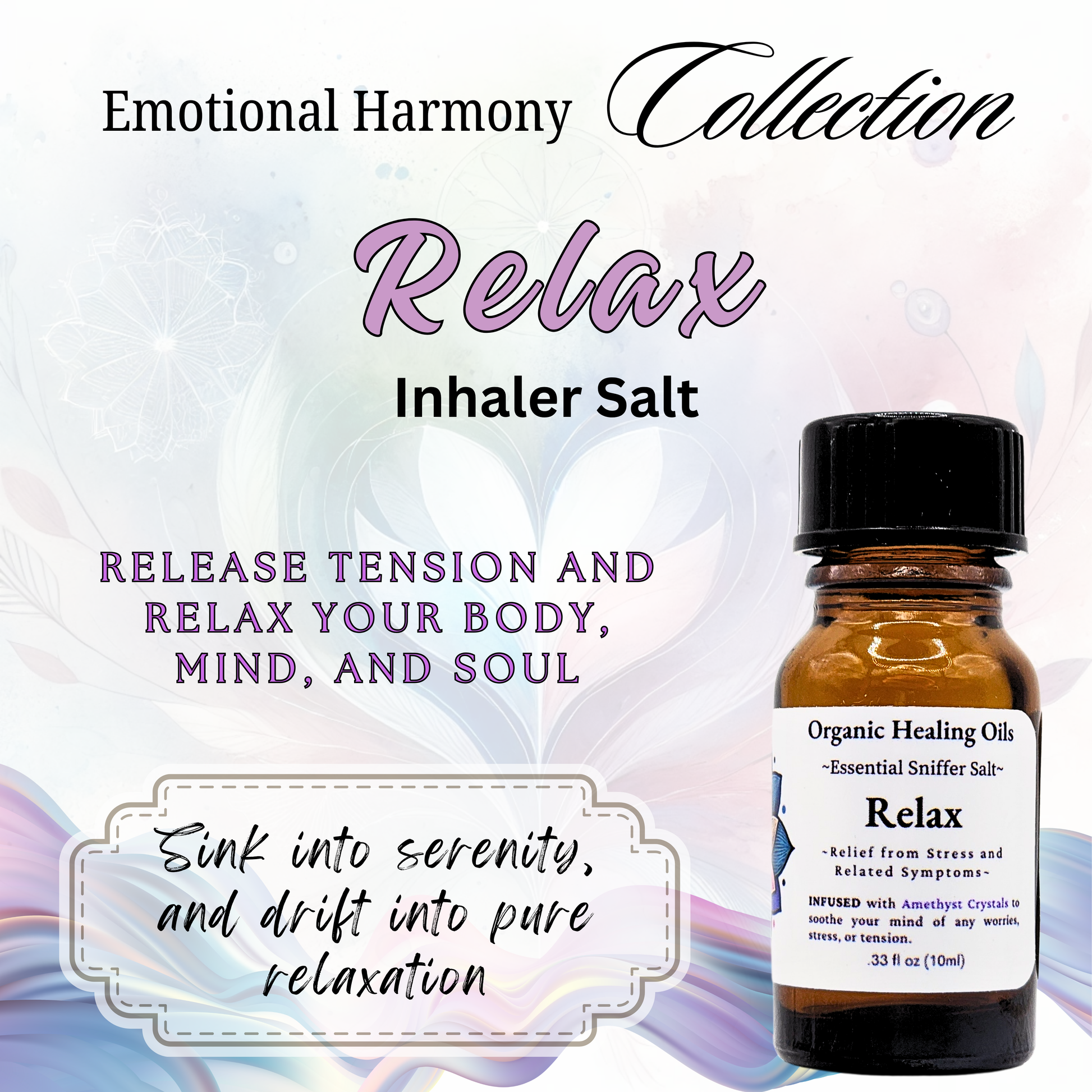 Relax Inhaler Salt 10ml bottle with organic essential oils, pink Himalayan salt, and amethyst for uplifting mood and promoting relaxation.
