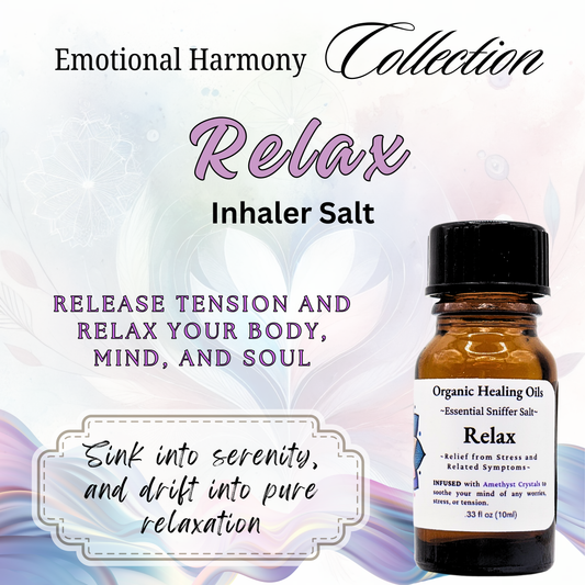 Relax Inhaler Salt 10ml bottle with organic essential oils, pink Himalayan salt, and amethyst for uplifting mood and promoting relaxation.