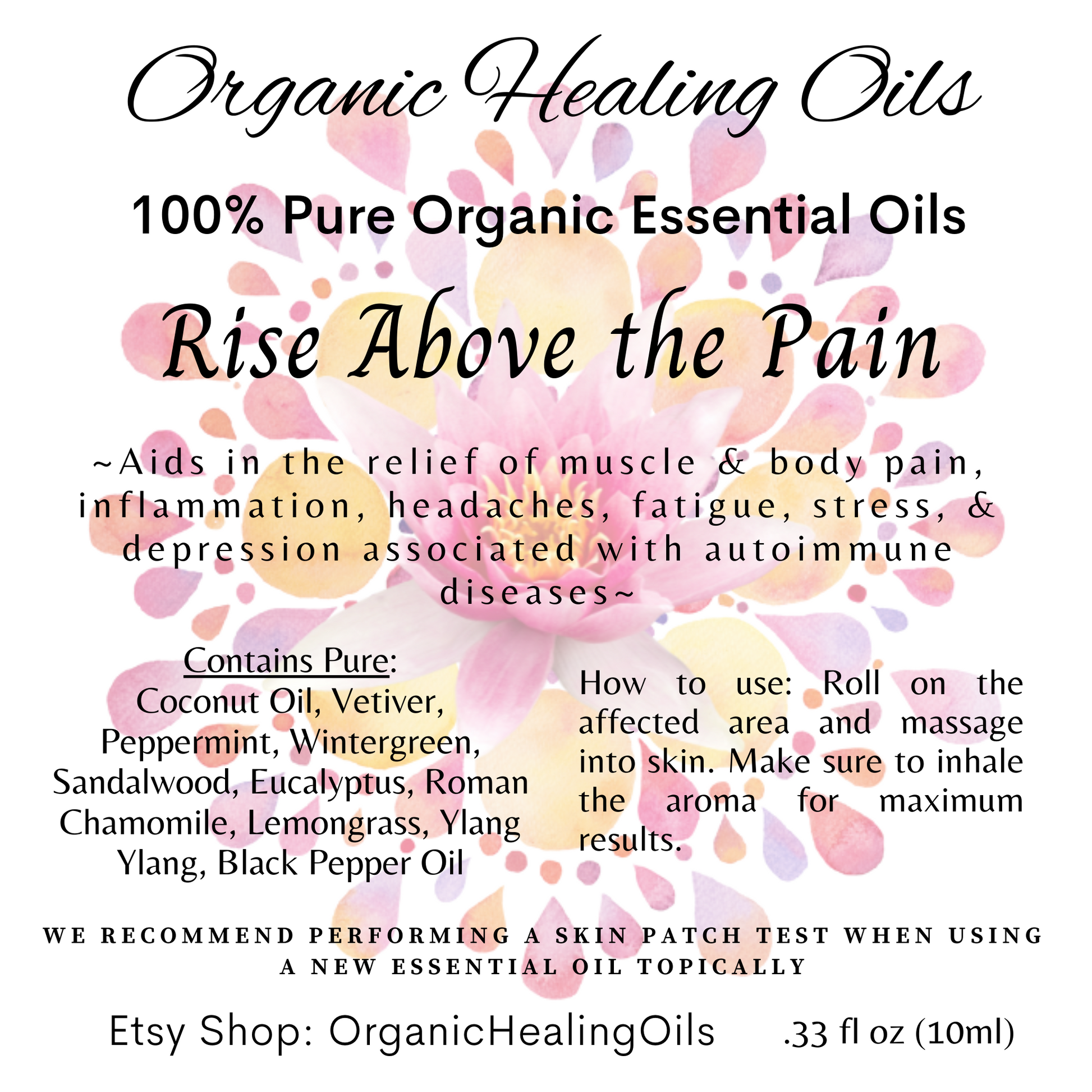 Label for Rise Above Pain, Pain Soothing Essential Oil 10ml Roller