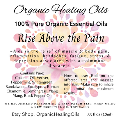 Label for Rise Above Pain, Pain Soothing Essential Oil 10ml Roller