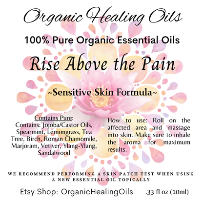 Label for Rise Above Pain, Pain Soothing Essential Oil 10ml Roller, Sensitive Skin