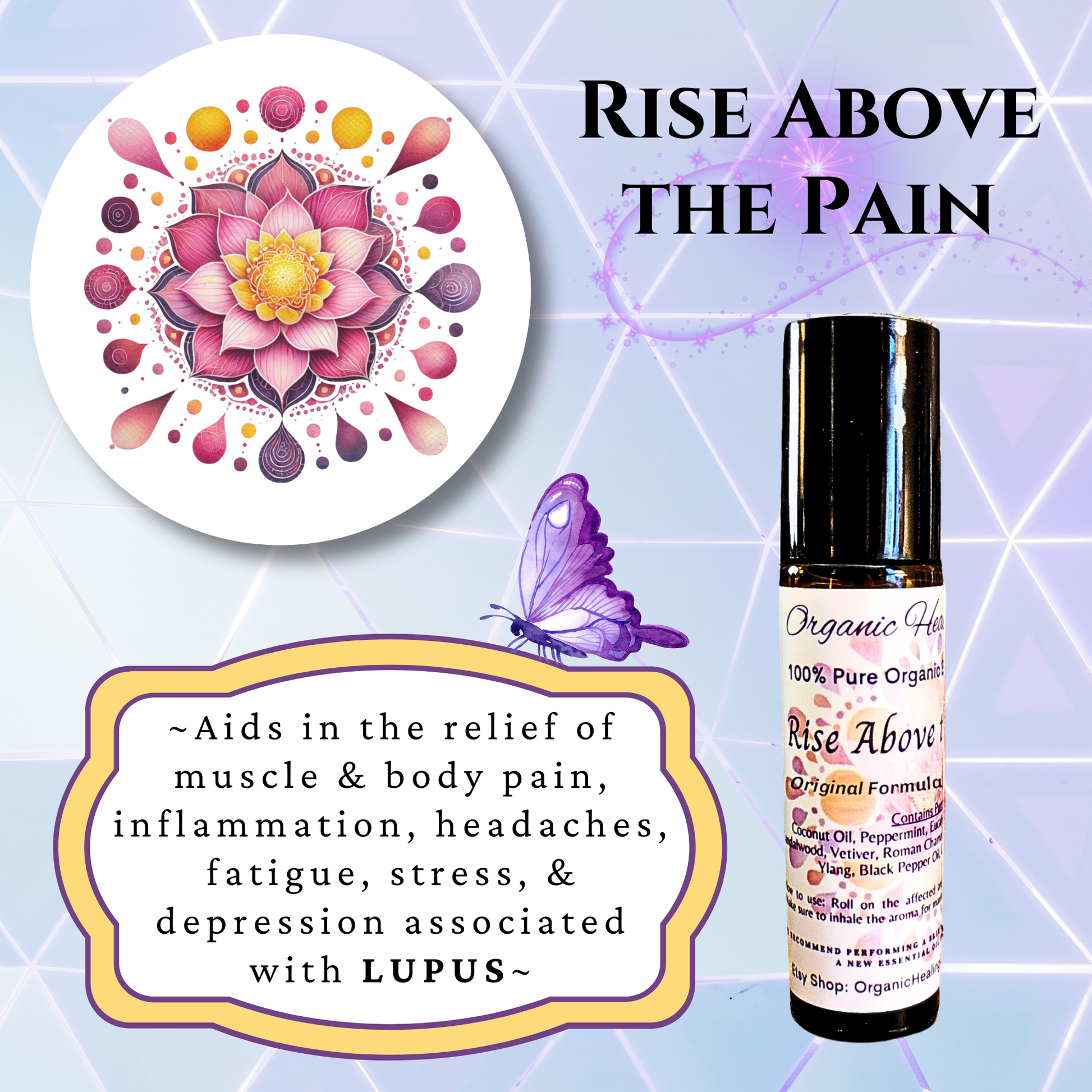 Rise Above Pain soothing essential oil roller with therapeutic grade ingredients for muscle and body pain relief.