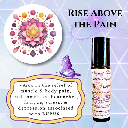 Rise Above Pain soothing essential oil roller with therapeutic grade ingredients for muscle and body pain relief.