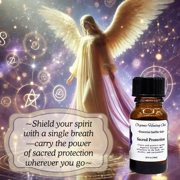 A bottle of Sacred Protection Smudging Sniffer Salts against a celestial background with a winged angel.