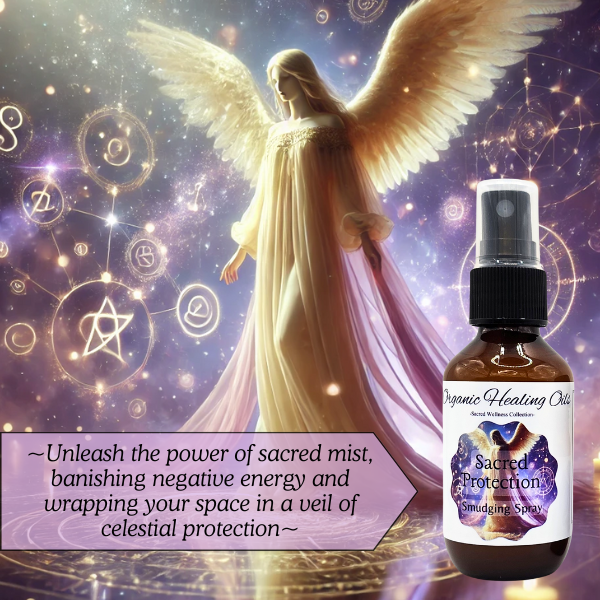 A bottle of Sacred Protection Smudging 60ml Spray against a celestial background with a winged angel.