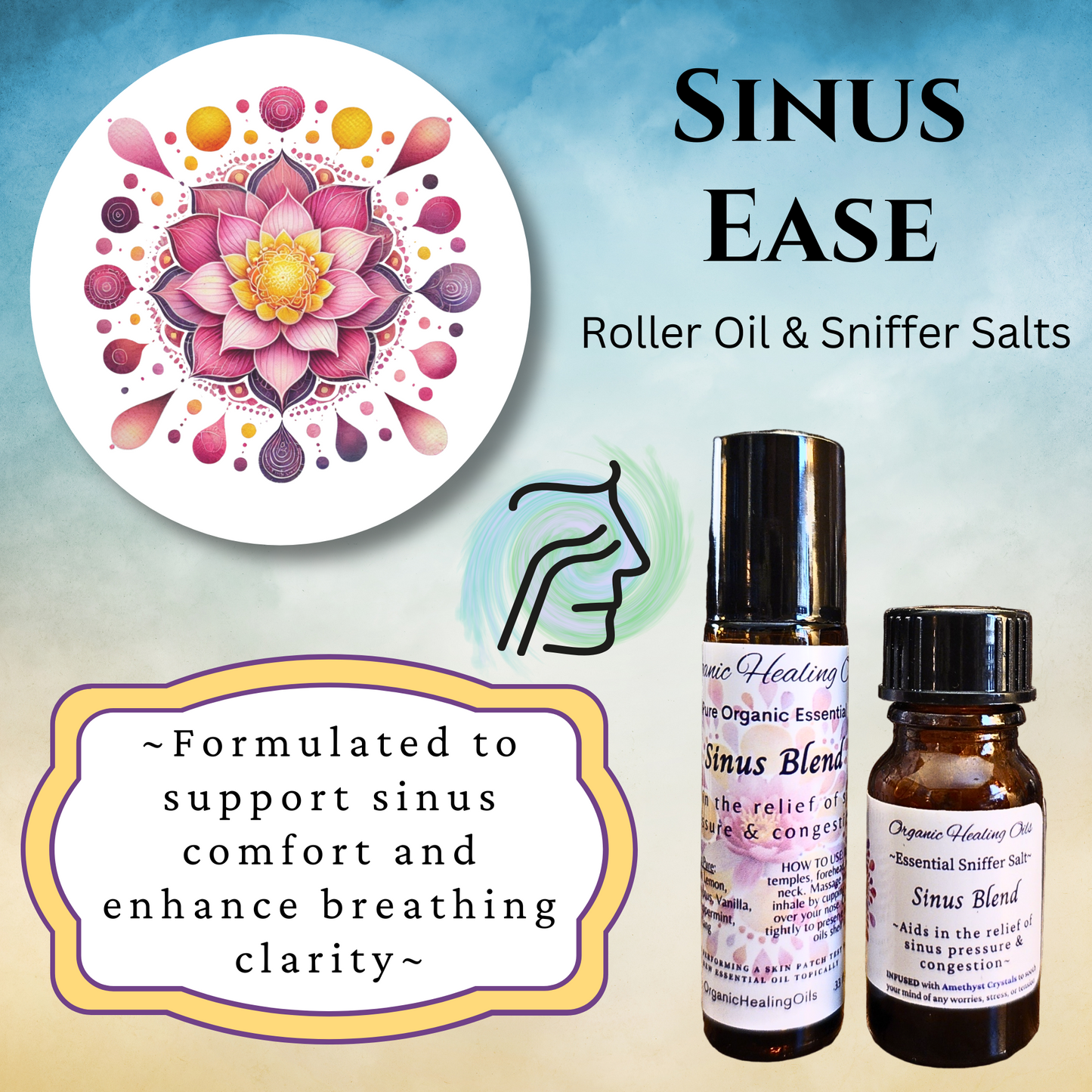 Sinus Ease Essential Oil Blend for sinus comfort, includes roller bottle and sniffer salts, 10ml.