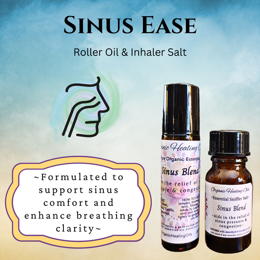 Sinus Ease essential oil blend in roller bottle and Inhaler, supports sinus comfort and clarity, 10ml.