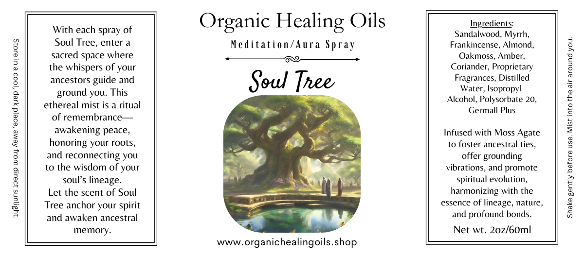 Organic Healing Oils Soul Tree Meditation Aura Spray label with ingredients and usage instructions.