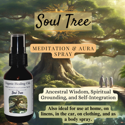 An ethereal forest scene featuring an ancient, sprawling tree with rays of sunlight filtering through its branches, alongside a bottle of 'Soul Tree' meditation spray from Organic Healing Oils.