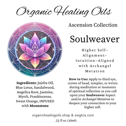 10ml Spiritwalker Ascension Collection roller bottle for spiritual growth, featuring a lotus design and essential oil ingredients like Blue Lotus and Jasmine, infused with Moonstone for alignment and intuition.
