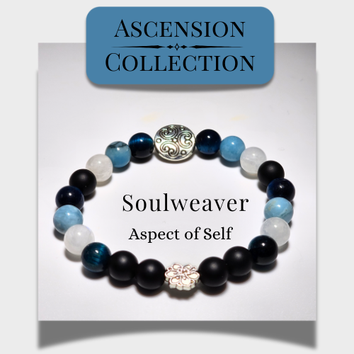 Beaded bracelet with a central circular charm on a card labeled 'Ascension Collection' and 'Soulweaver Aspect of Self'.