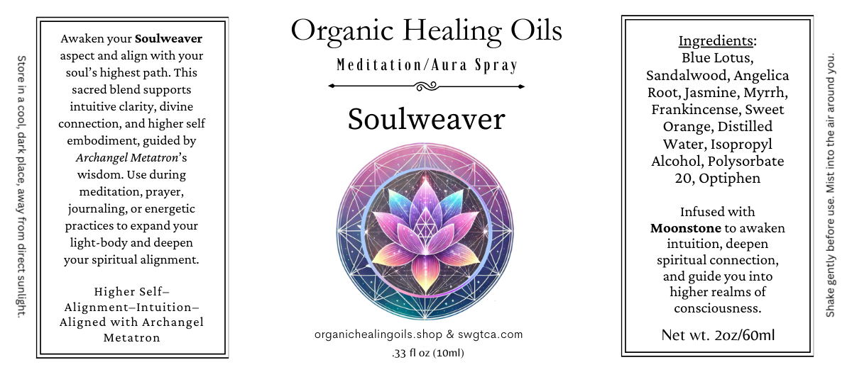 Soulweaver Organic Healing Oils Meditation/Aura Spray with product details and branding.