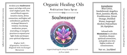Soulweaver Organic Healing Oils Meditation/Aura Spray with product details and branding.