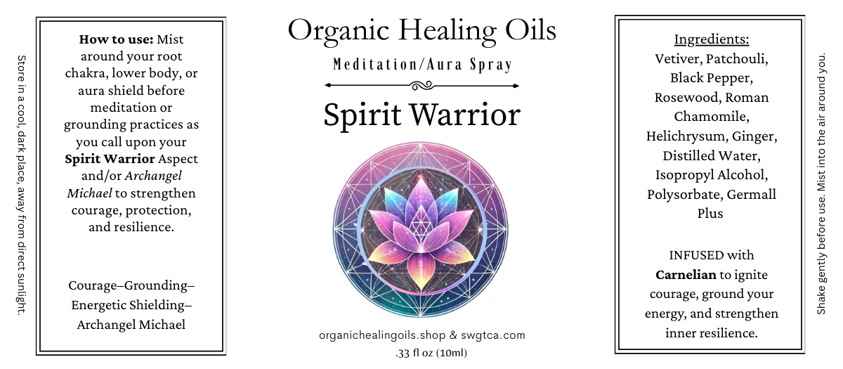Spiritual Ascension Collection 60ml Spirit Warrior meditation spray with organic essential oils for courage and protection, infused with Carnelian.
